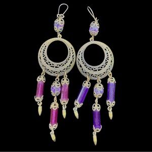 Art Nouveau Purple Bohemian Glass Chandelier Filigree Dangle earrings 4.5” drop